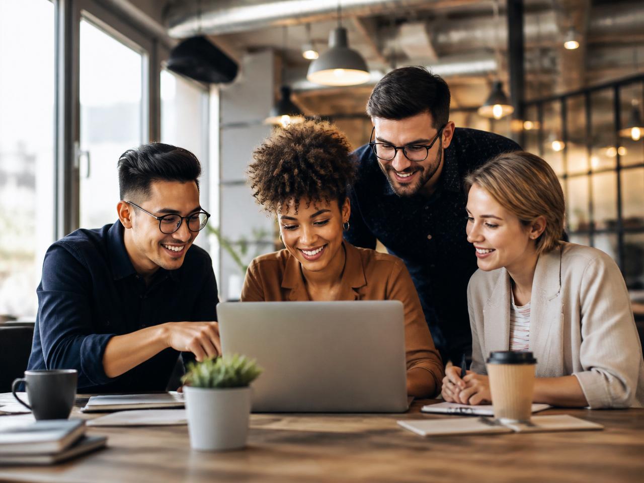 FlyBee members collaborating in a modern workspace